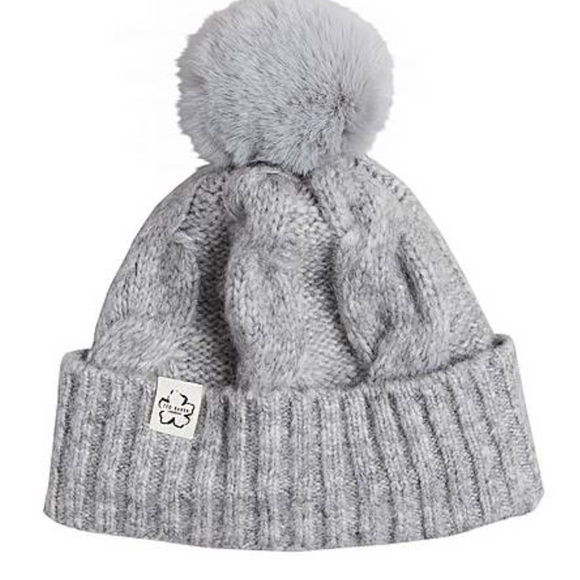 TED BAKER LONDON HANNSS WOOL CABLE KNIT BEANIE WITH FAUX FUR POM ONE SIZE NWOT